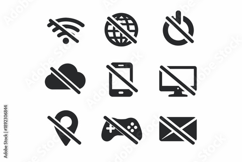 Offline symbol icons: no wifi, internet, power, cloud, phone, tv, location, gaming, email