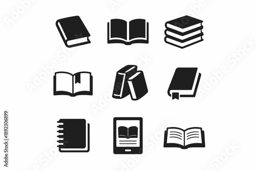 Set of nine black book and e-reader icons
