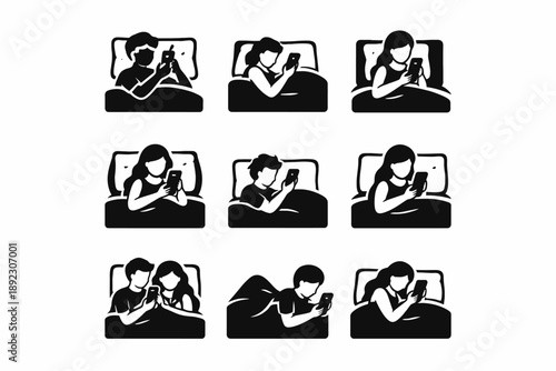 Silhouettes of people in various bedtime phone-using positions