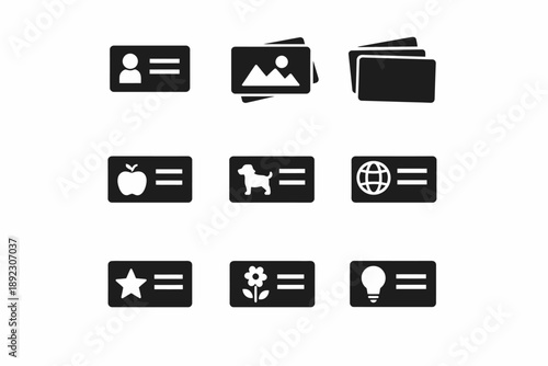 Set of nine minimalist icons: identification, photos, and conceptual symbols