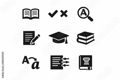Educational icons set: books, graduation cap, checkmarks, and alphabet symbols