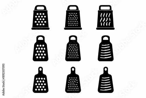 Set of nine cheese grater icons with varied grating patterns in black silhouettes