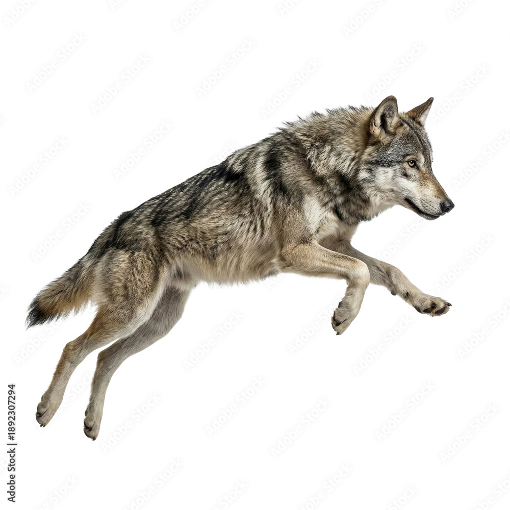 Obraz premium A grey wolf leaping against a transparent background.