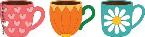 Decorative Mug Line Icons Set – Heart Pattern, Tulip Flower, and Daisy DesignsDecorative Mug Line Icons Set  Heart Pattern, Tulip Flower, and Daisy Designs