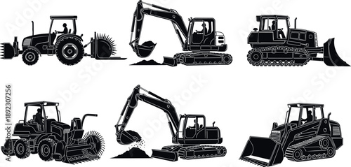 Heavy construction machinery silhouettes set featuring tractors, excavators, bulldozers, loaders, tracked vehicles, earthmoving equipment, industrial worksite machines isolated on white background