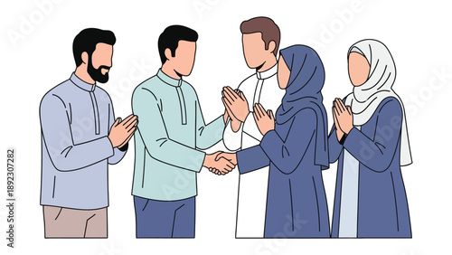 Eid Mubarak Gathering: Depicting a heartwarming scene of cultural unity, a group of individuals share greetings and embrace the spirit of togetherness.