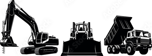 Heavy construction vehicle silhouettes featuring excavator, bulldozer, and dump truck, industrial earthmoving machinery icons for building and infrastructure projects isolated on white 