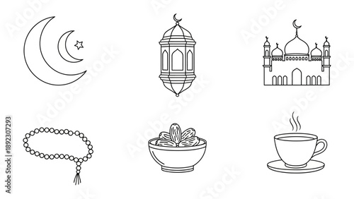 Ramadan Icons in Monochrome: A collection of symbolic illustrations representing Ramadan's core elements: crescent moon and star, lanterns, mosque, prayer beads, dates, and a cup of tea.