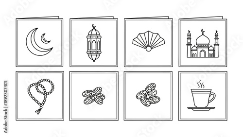 Ramadan Symbol Icons: A collection of simple black-and-white Ramadan-related icons. Showcasing the crescent moon, lantern, fan, mosque, prayer beads, dates, and a cup of tea.