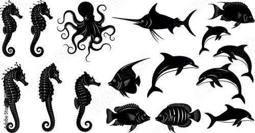 Marine animal silhouettes collection featuring seahorses, octopus, dolphins, swordfish, tropical fish, ocean wildlife elements, detailed aquatic animal icons isolated on white background