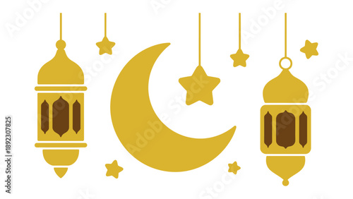 Golden Moon and Star Embellishments:  A celestial display featuring a golden crescent moon, twinkling stars, and ornate lanterns, creating an atmosphere of peace and spirituality.