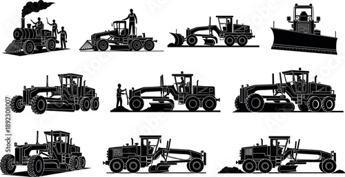 Road Construction Machinery Silhouettes Collection Featuring Motor Grader Bulldozer Asphalt Equipment and Workers Heavy Highway Engineering Vehicles Isolated on White Background