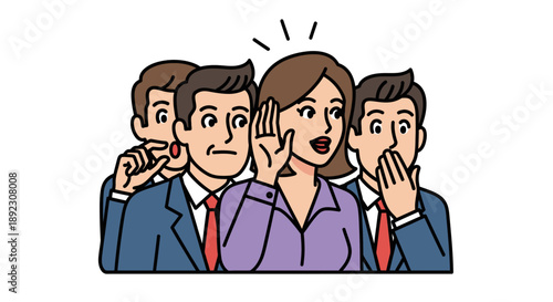 A curious businesswoman intently listens to whispered office gossip and secrets from her colleagues, illustrating the dynamics of communication and information.