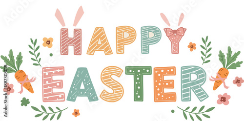 Colorful happy easter greeting with carrots flowers and bunny ears on white background