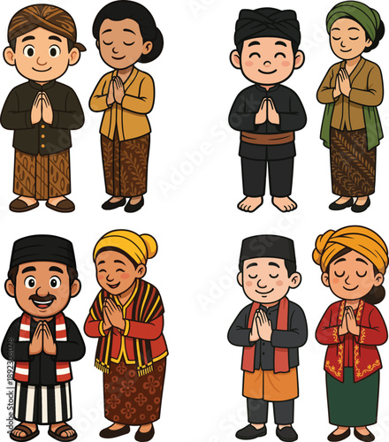 Cartoon vector set of Javanese, Sundanese, Madurese, and Betawi people in traditional outfits
