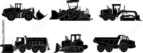 Road Construction Machinery Silhouettes Set Featuring Asphalt Paver Grader Bulldozer Loader Dump Truck and Heavy Industrial Equipment Isolated on White Background