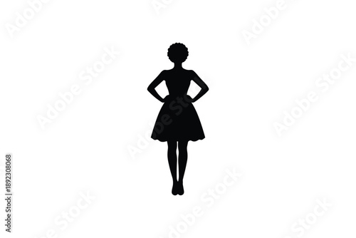Elegant female silhouette in vintage dress standing with hands on hips for fashion concepts