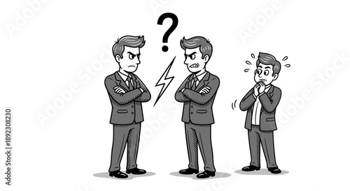 Three business professionals navigate a tense workplace dispute, with two individuals engaged in a heated argument while a third observes the stressful conflict with palpable concern.
