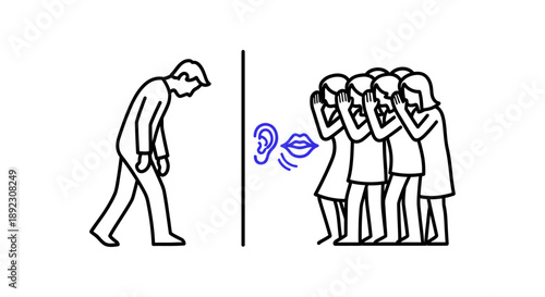 This illustration portrays the profound emotional impact of social ostracism and harmful rumors spread by a whispering crowd.