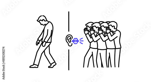 A solitary person walks away, seemingly unaware of the murmuring crowd on the opposite side, illustrating social disconnect and ignored communication.