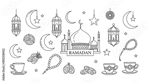 Ramadan Celebration: The image showcases a collection of traditional Ramadan symbols, featuring crescent moons, lanterns, and a mosque, all beautifully arranged to evoke the spirit of the holy month.