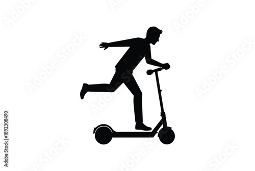 Active man riding electric kick scooter silhouette moving fast on white background for sport