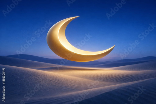 A gold 3D crescent moon shines brightly amidst dark blue clouds and stars in this celestial night sky astronomy illustration