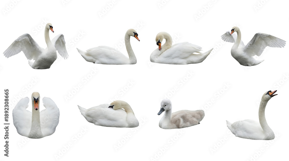 Obraz premium White swan set including swimming, preening, wings spread, and cygnet stages isolated. Elegant waterfowl and wildlife collection for nature design.