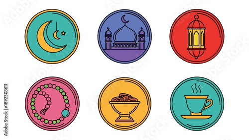 Islamic Symbols: Vibrant and colorful circular icons represent a collection of iconic Islamic symbols, each radiating with symbolic significance of Ramadan and Muslim heritage.