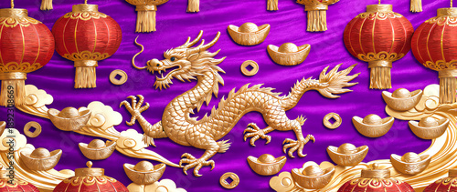 Chinese New Year prosperity concept featuring a majestic gold dragon and traditional symbols over premium purple drapery.