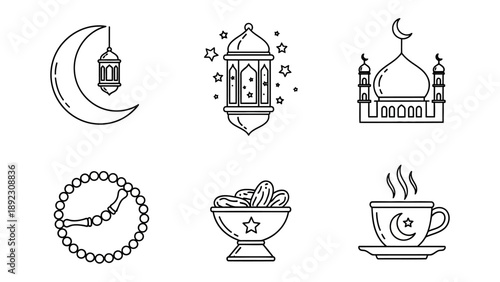 Ramadan Icons: A set of six meticulously crafted line art icons encapsulates the essence of the holy month, featuring symbols of spirituality and communal gathering.