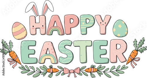 Colorful happy easter greeting with eggs and carrots on white background festive holiday message