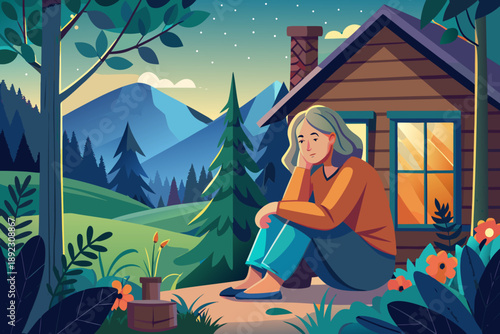 A tired sad middle aged woman sits by window of country house in forest expressing work burnout solitude emotional solo retreat lifestyle scene.