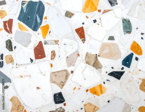 A close-up view of a colorful terrazzo surface