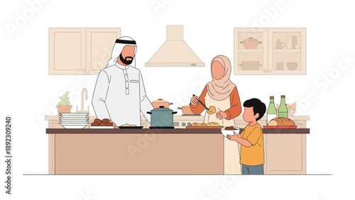 Family meal: A united family prepares a meal in a kitchen, exemplifying the joy of togetherness and shared moments. The kitchen setup has cabinets and cookware.