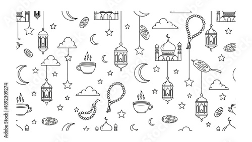 Islamic Pattern: An intricate illustration featuring the Islamic pattern, incorporating elements of the moon, stars, traditional lamps, coffee cups, and the mosque.