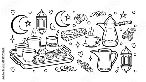 Festive Breakfast Illustration: A captivating monochrome illustration of a traditional breakfast spread, brimming with cultural symbolism, perfect for culinary and festive-themed projects.