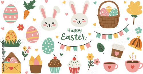 Colorful easter decorations and treats in a festive arrangement with eggs bunnies and baskets