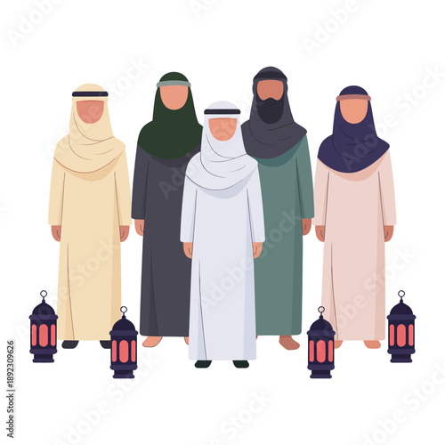 Diverse Arabian Gather: A group of Arabian individuals, dressed in traditional attire, stands together, evoking a sense of cultural unity and respect.