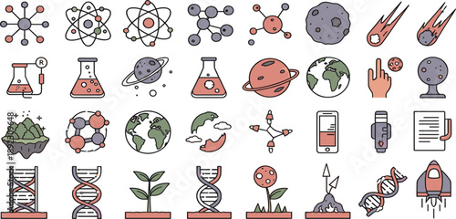 Science and Technology Illustration Icon Set Featuring Chemistry, Physics, Biology, Space Exploration, Research Tools, and Educational Scientific Concepts