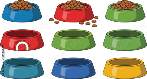 Pet Food Bowl Icon Set  Dry Kibble and Water Dishes for Dogs and Cats