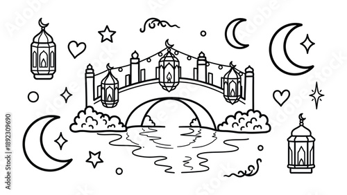 Lunar Bridge Sketch: A hand-drawn sketch showcases a bridge gracefully arching over tranquil water, adorned with glowing lanterns, crescents, and stars, evoking a sense of tranquility and celebration.