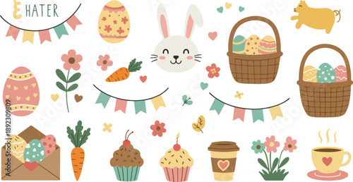 Easter celebration elements with baskets eggs carrots flowers and coffee