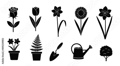 Collection of various flowers and gardening tools silhouette