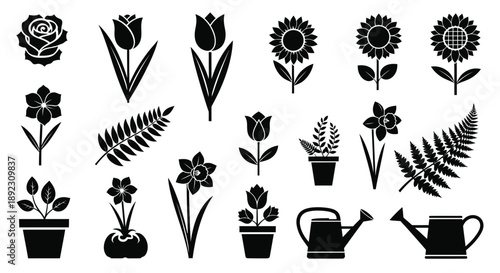 Collection of various flowers and gardening tools icons
