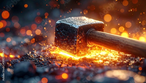 Hammer strikes hot metal in a forge with sparks flying under bright lights and glowing coals
