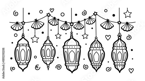 Elegant Lanterns: Hand-drawn illustrations of a series of intricate lanterns. Each lantern offers a unique design with delicate patterns and shapes.