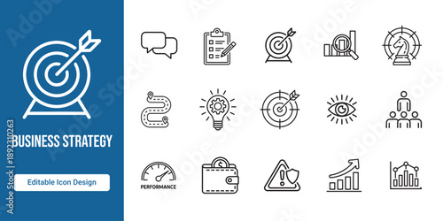 Business Strategy Line Icon Set with Target, Planning, Growth and Analysis Symbols