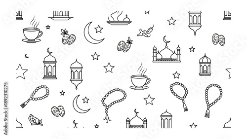 Ramadan Doodle: A collection of simple, elegant doodles, capturing the essence of the holy month. Featuring crescent moon, star, lanterns, and other religious symbols in a cohesive pattern. 