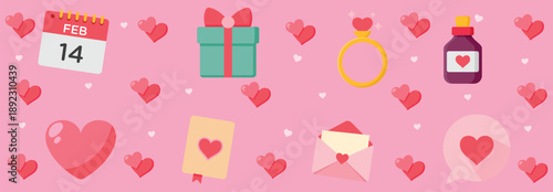 Valentine’s Day themed illustration set featuring hearts, February 14 calendar, gift box, engagement ring, love potion bottle, greeting card, envelope, and romantic icons on a soft pink background for